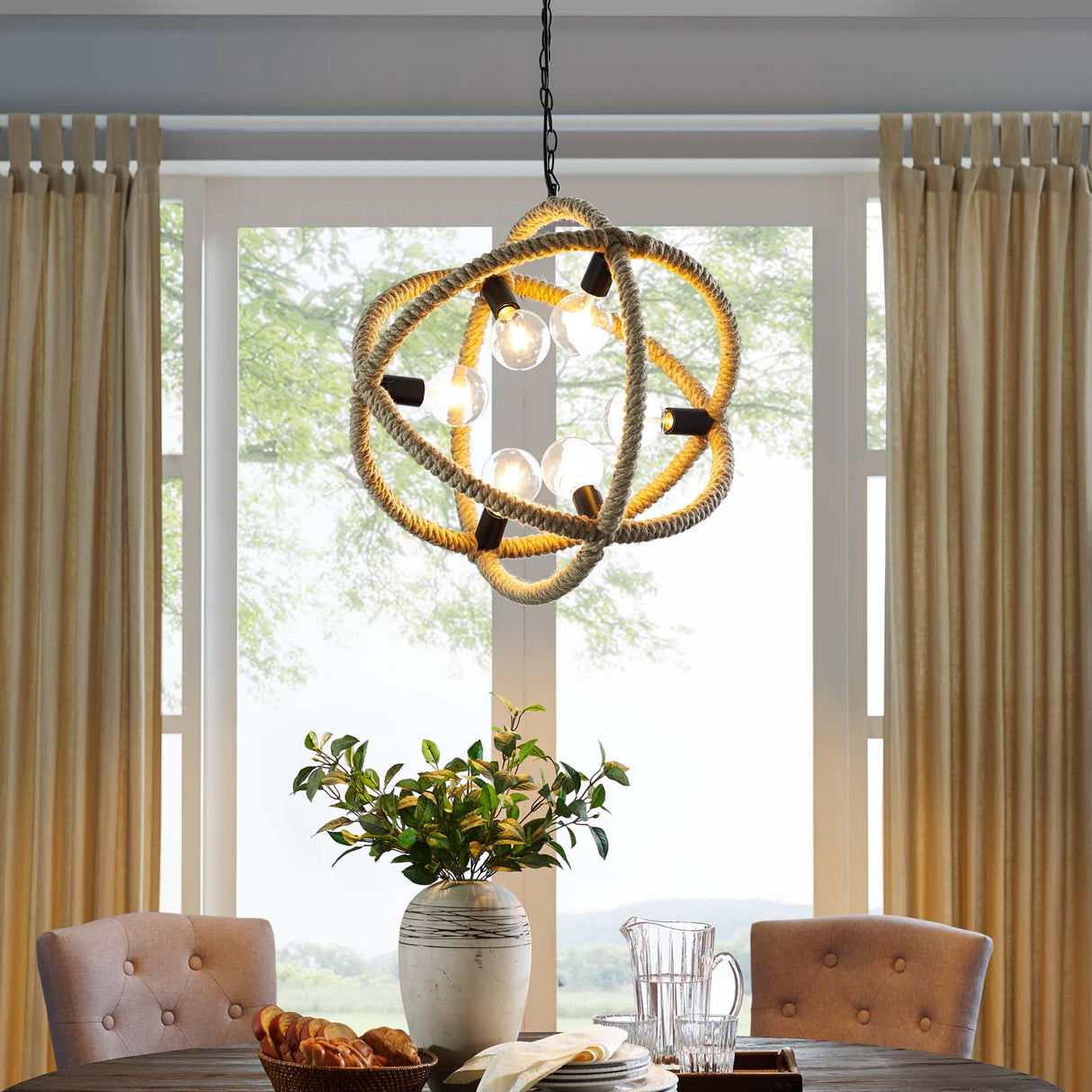 Modern Farmhouse Rope-Wrapped Transpose Pendant Chandelier - Brown Ceiling Light - BUILDMYPLACE