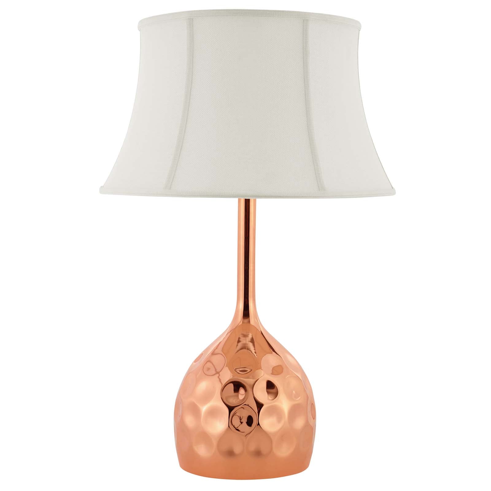 Dimple Rose Gold Circular Hammered Table Lamp - Beige Linen W/ Bell Shade - E26 60W Light Bulb (Not Included)