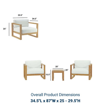 Upland 3 Piece  2 Seater Outdoor Patio Teak Set With Upland Side Table