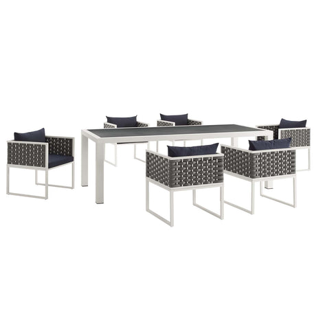 Stance 7 Piece Outdoor Patio Aluminum Dining Set - Polyserter Fabric Dining Room Table Sets - BUILDMYPLACE