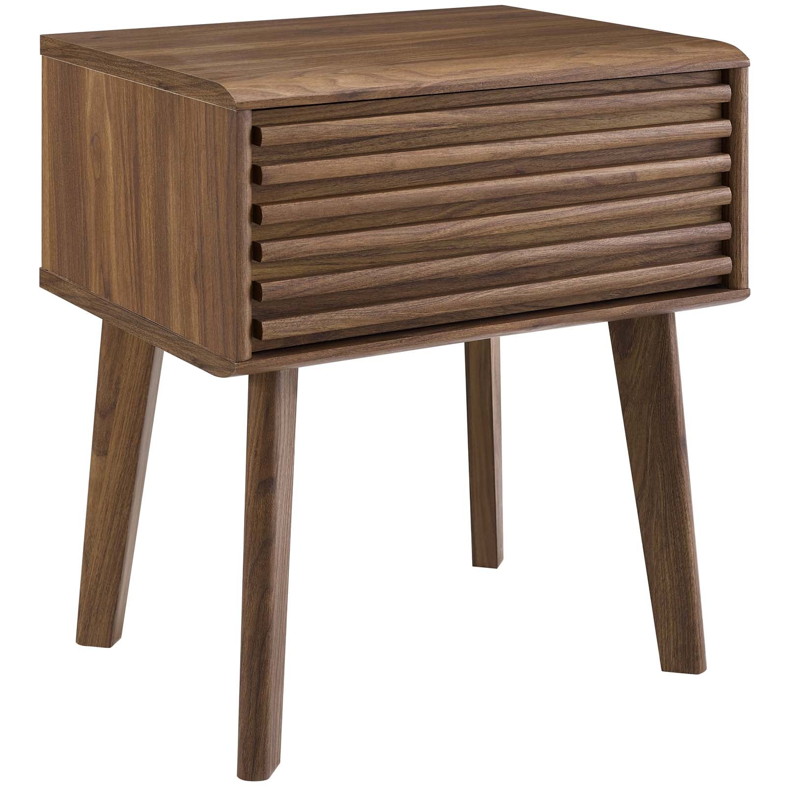 Mid Century Render Modern End Table Nightstand With Four Tapered Wood Legs - Small End Table In Walnut Grain Laminate