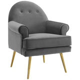 Revive Tufted Button Accent Performance Velvet Armchair - Living Room Chair - Gold Steel Legs - BUILDMYPLACE