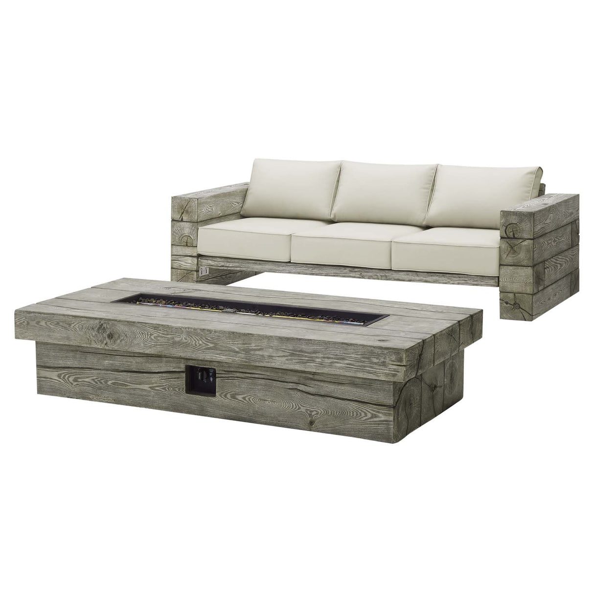 Manteo Rustic Coastal Outdoor Patio Sofa and Fire Pit Set