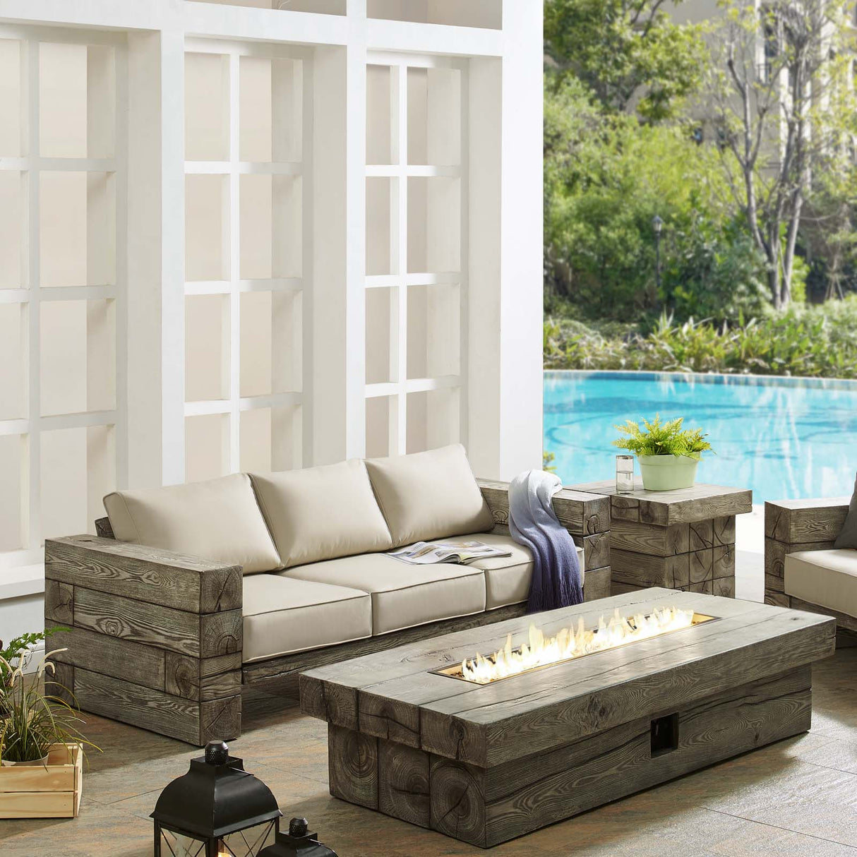 Manteo Rustic Coastal Outdoor Patio Sofa and Fire Pit Set