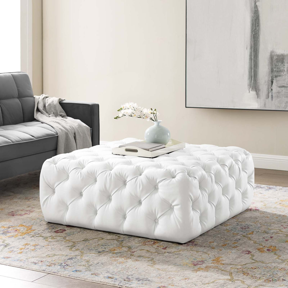 Anthem Tufted Button Large Square Faux Leather Ottoman