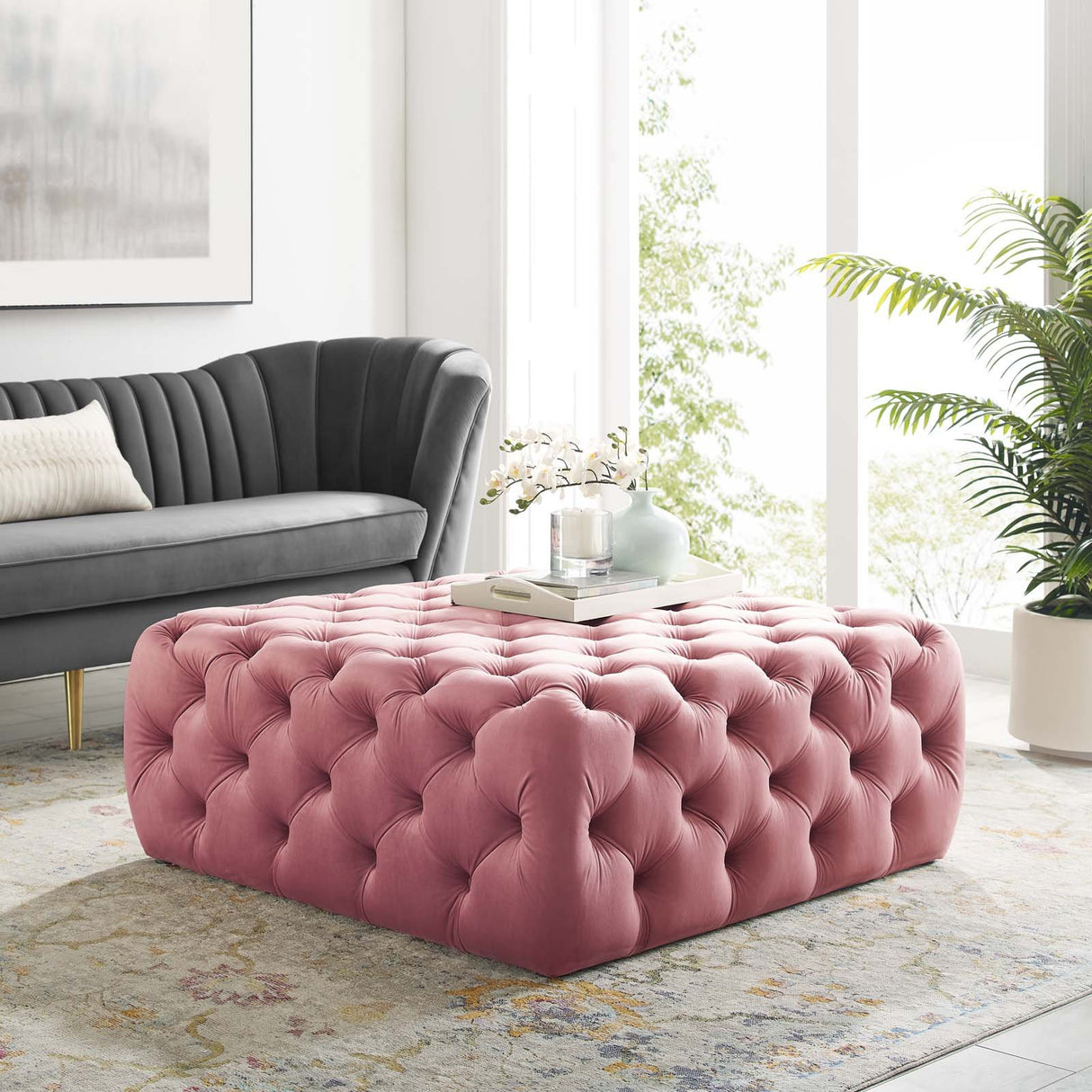 Anthem Tufted Button Large Square Faux Leather Ottoman