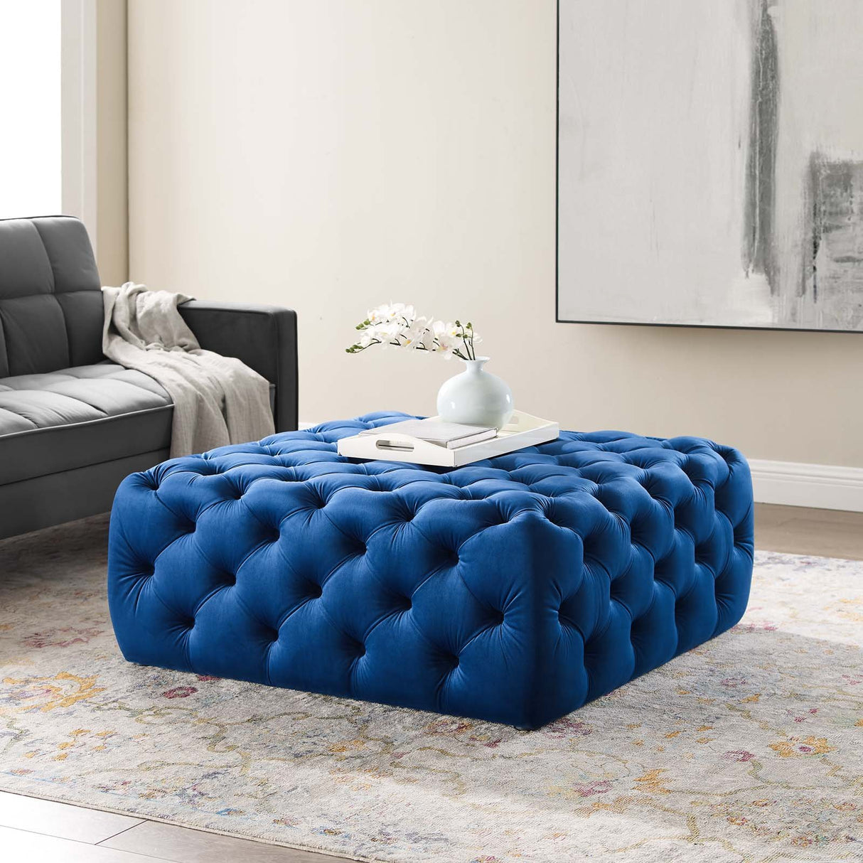 Anthem Tufted Button Large Square Faux Leather Ottoman