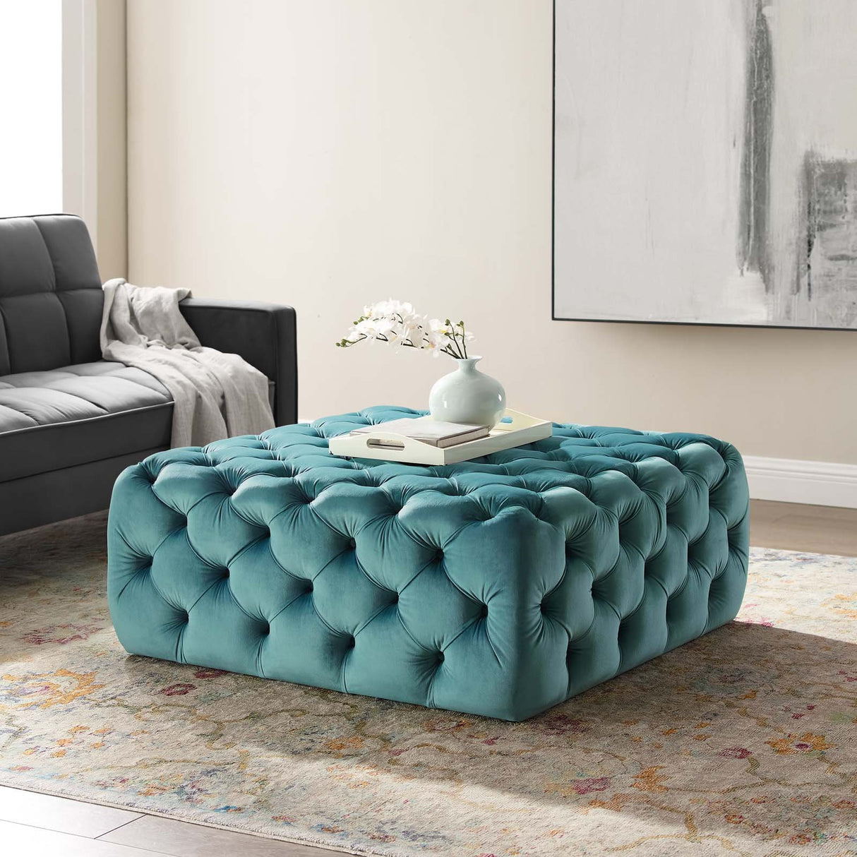 Anthem Tufted Button Large Square Faux Leather Ottoman