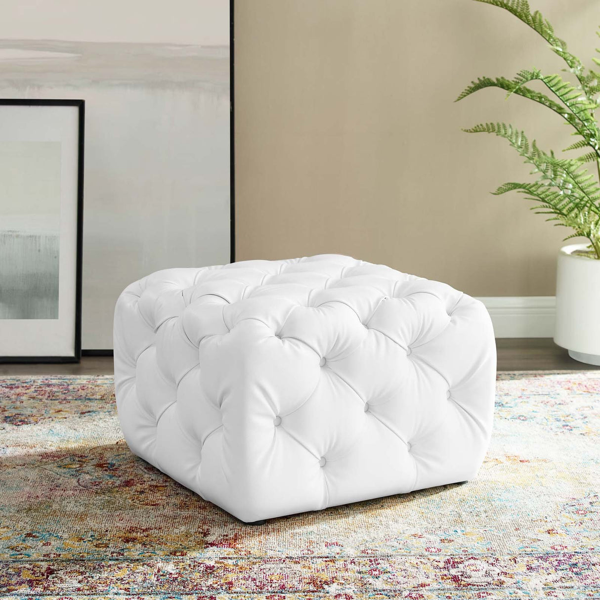 Anthem Tufted Button Large Square Faux Leather Ottoman