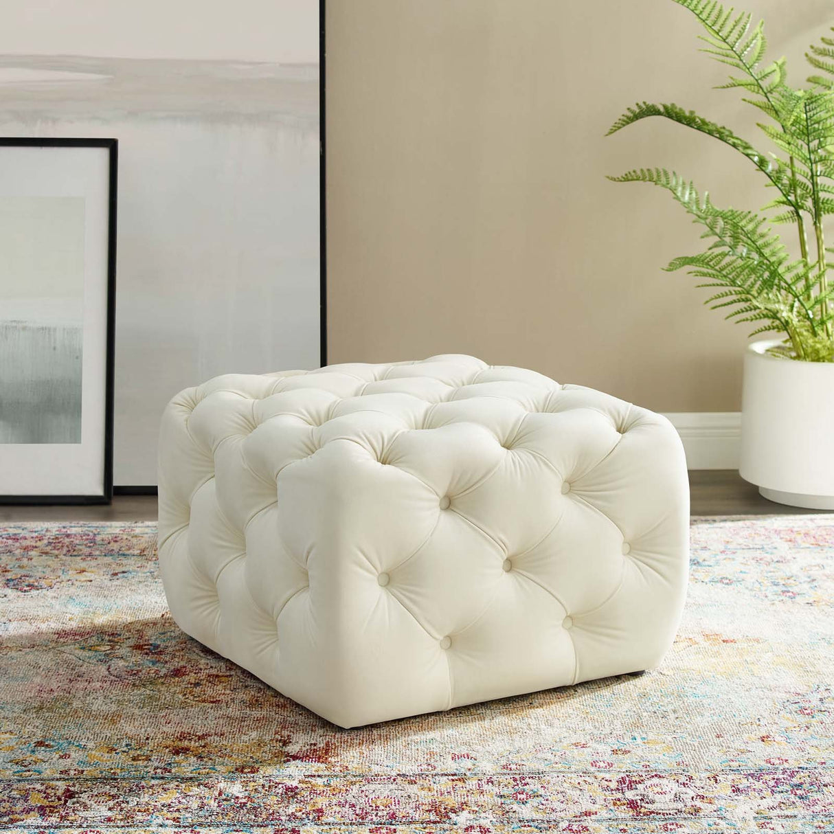 Anthem Tufted Button Large Square Faux Leather Ottoman