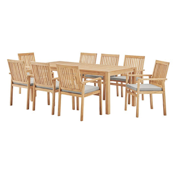 79" Dining Table in Farm stay Outdoor Patio Teak Wood Dining Set - 9 Piece in Natural taupe Color