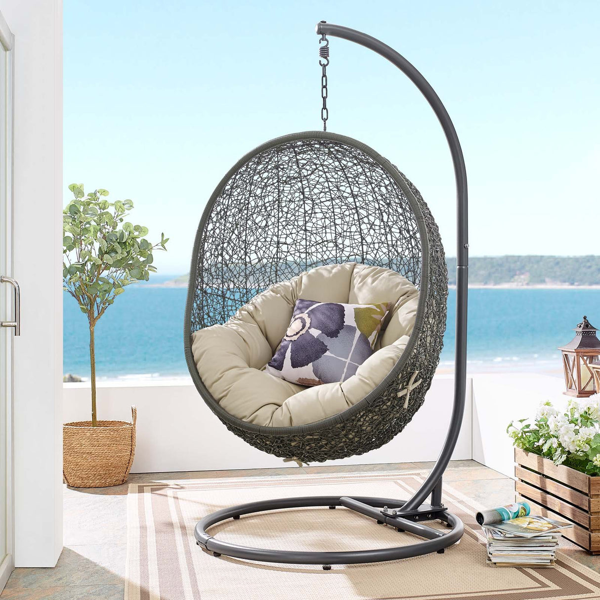 Terrace Egg Shape Hammock Chair With Hanging Kits & Stand - In Multicolor Cushions