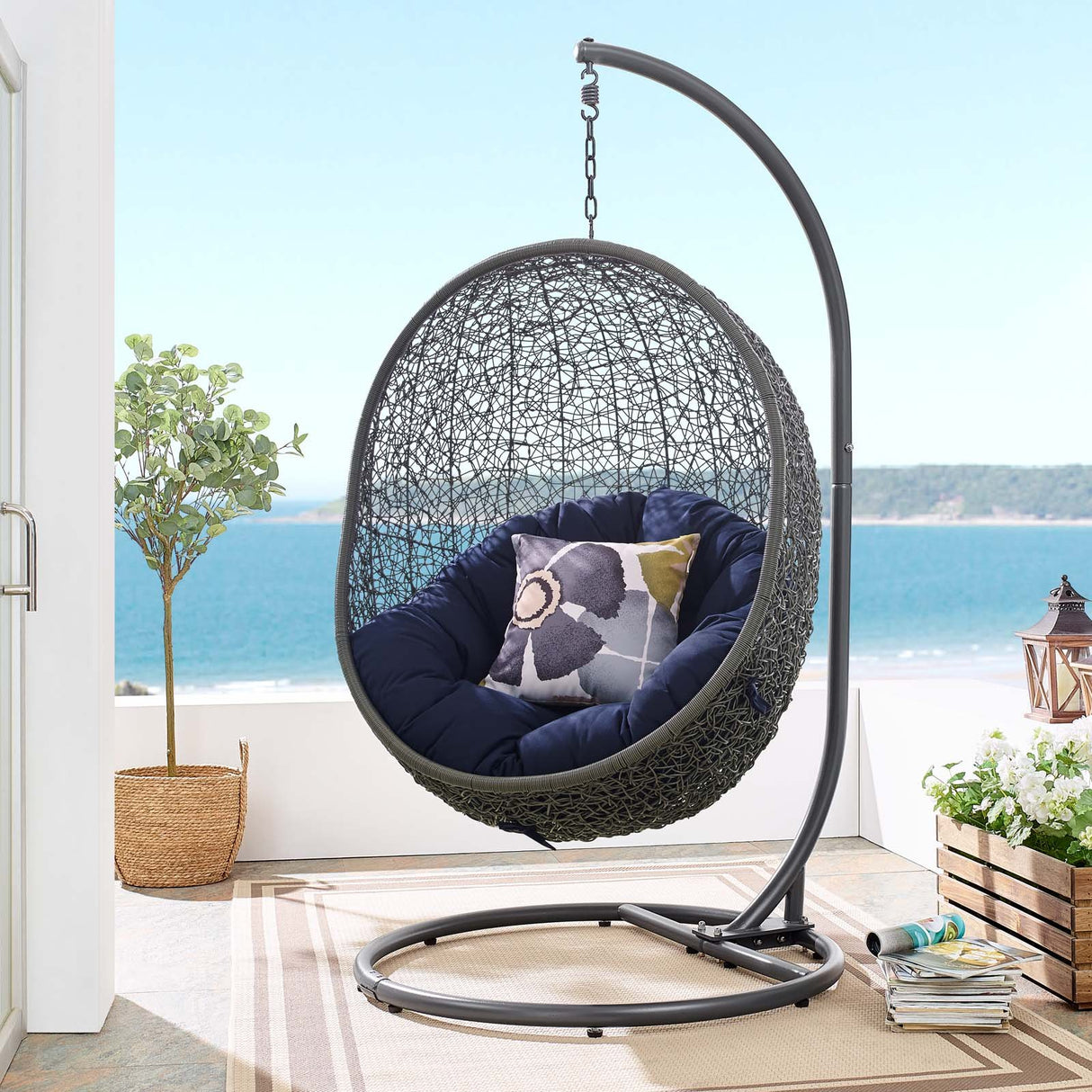 Terrace Egg Shape Hammock Chair With Hanging Kits & Stand - In Multicolor Cushions