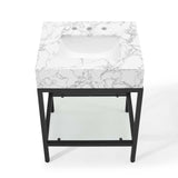 Kian 26 Inch Black Stainless Steel Bathroom Vanity In Artifical Marble Sink Top & Open Shelf Storage