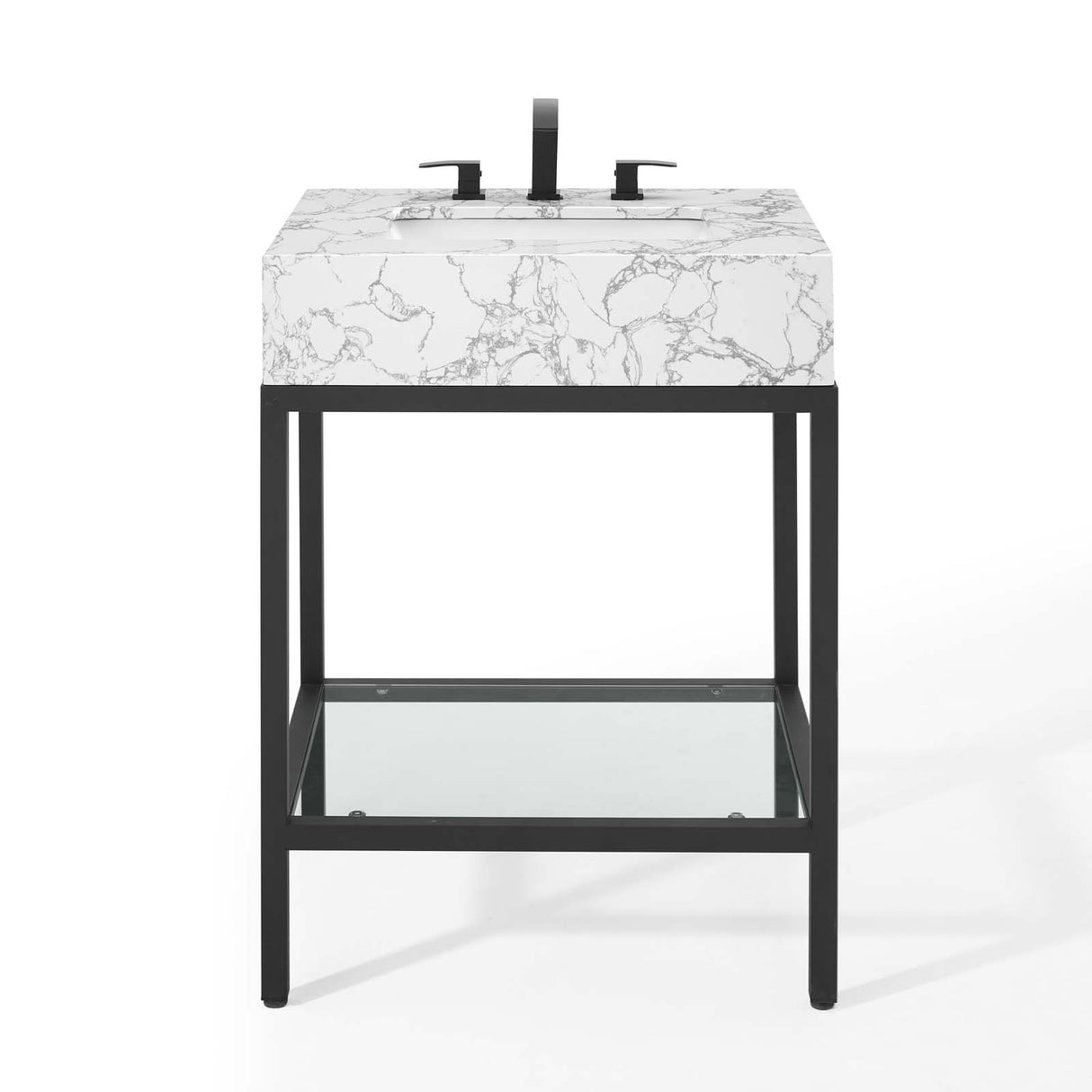 Kian 26 Inch Black Stainless Steel Bathroom Vanity In Artifical Marble Sink Top & Open Shelf Storage