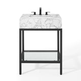 Kian 26 Inch Black Stainless Steel Bathroom Vanity In Artifical Marble Sink Top & Open Shelf Storage