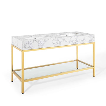 Kian 60 Inch Gold Stainless Steel Freestanding Bathroom Vanity With Artifical Marble Sink Top & Open Shelf Storage
