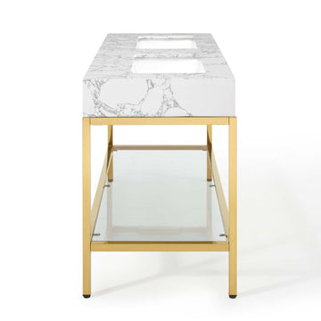Kian 60 Inch Gold Stainless Steel Freestanding Bathroom Vanity With Artifical Marble Sink Top & Open Shelf Storage