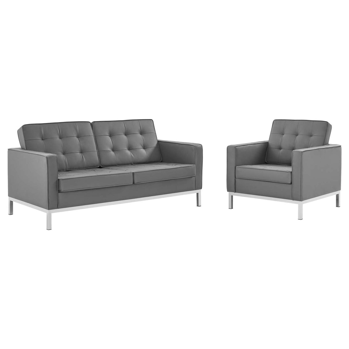 Loft Tufted Upholstered Faux Leather Loveseat and Armchair Set