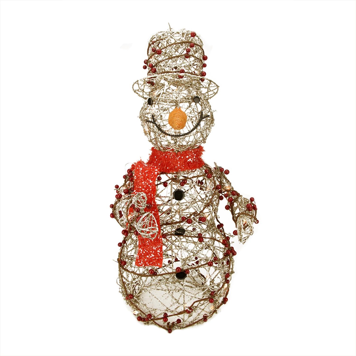 28" Lighted Champagne Gold Glittered Rattan Berry Snowman Christmas Outdoor Decoration