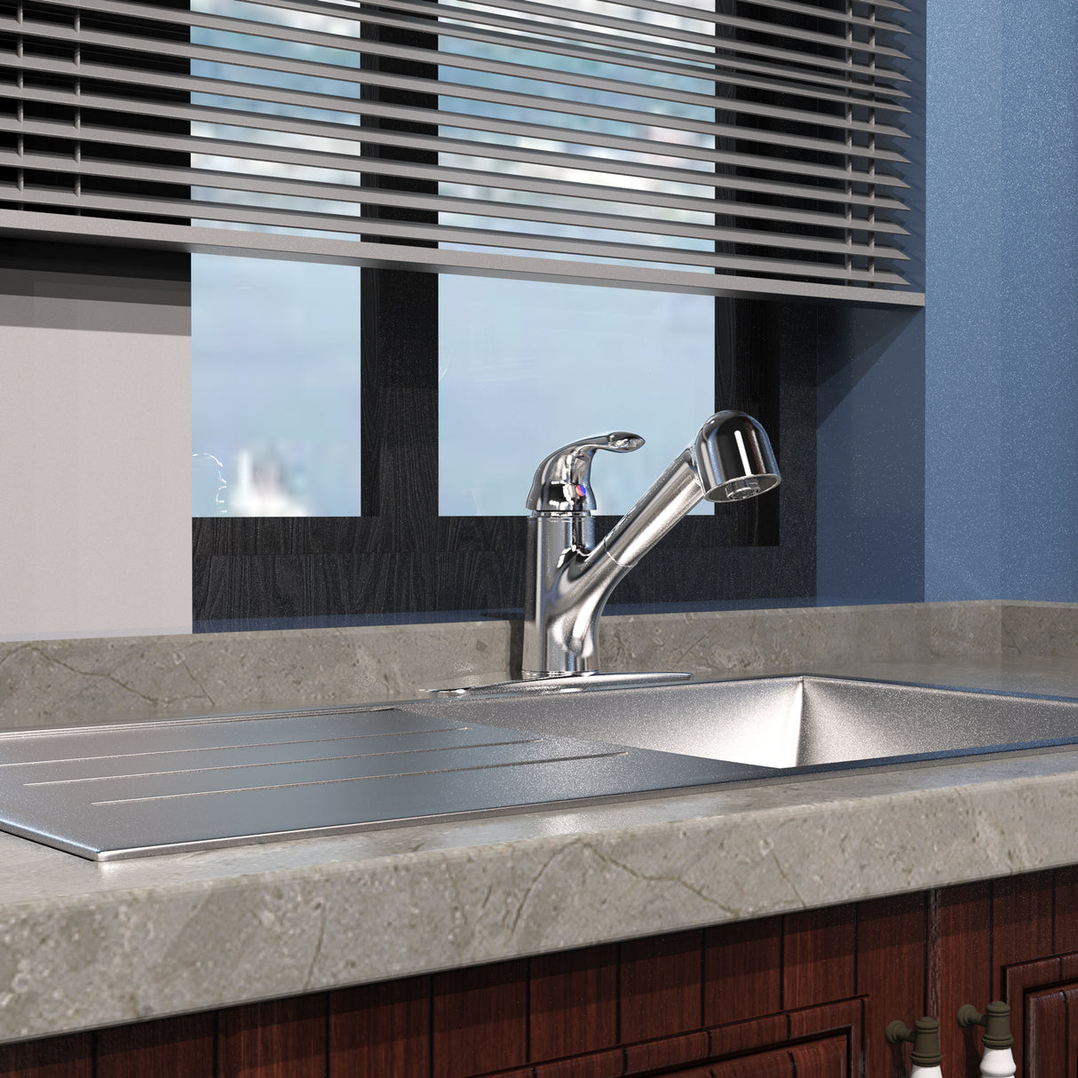 Single Handle Pull-Out Kitchen Faucet with SS deckplate in Polished Chrome