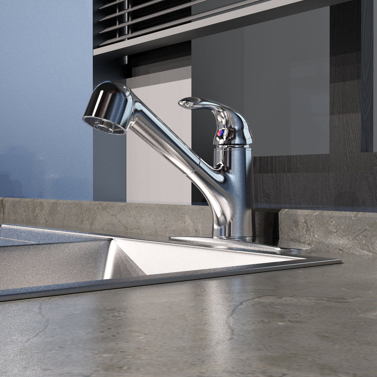 Single Handle Pull-Out Kitchen Faucet with SS deckplate in Polished Chrome