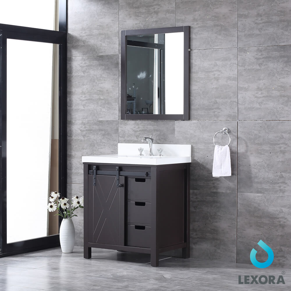 Marsyas 30" Brown Single Vanity, White Quartz Top, White Square Sink and 28" Mirror w/ Faucet