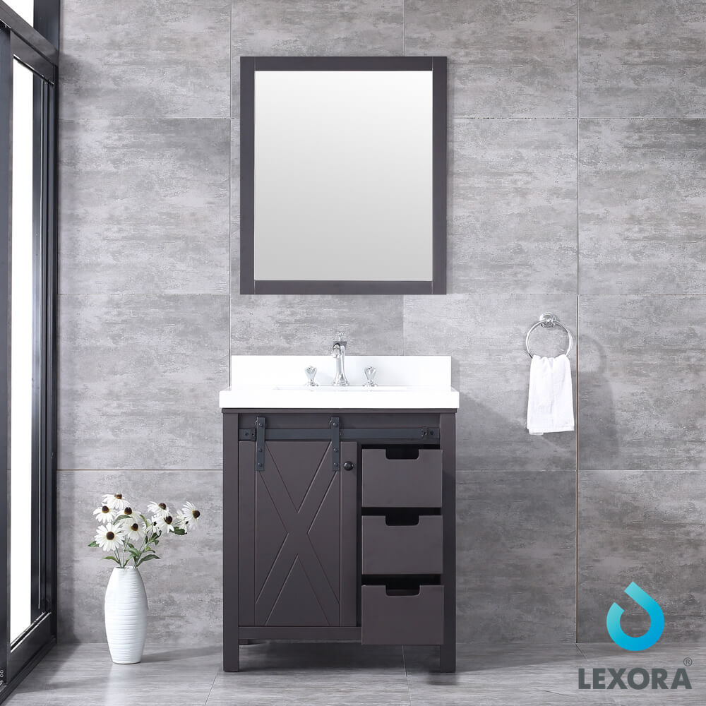 Marsyas 30" Brown Single Vanity, White Quartz Top, White Square Sink and 28" Mirror w/ Faucet