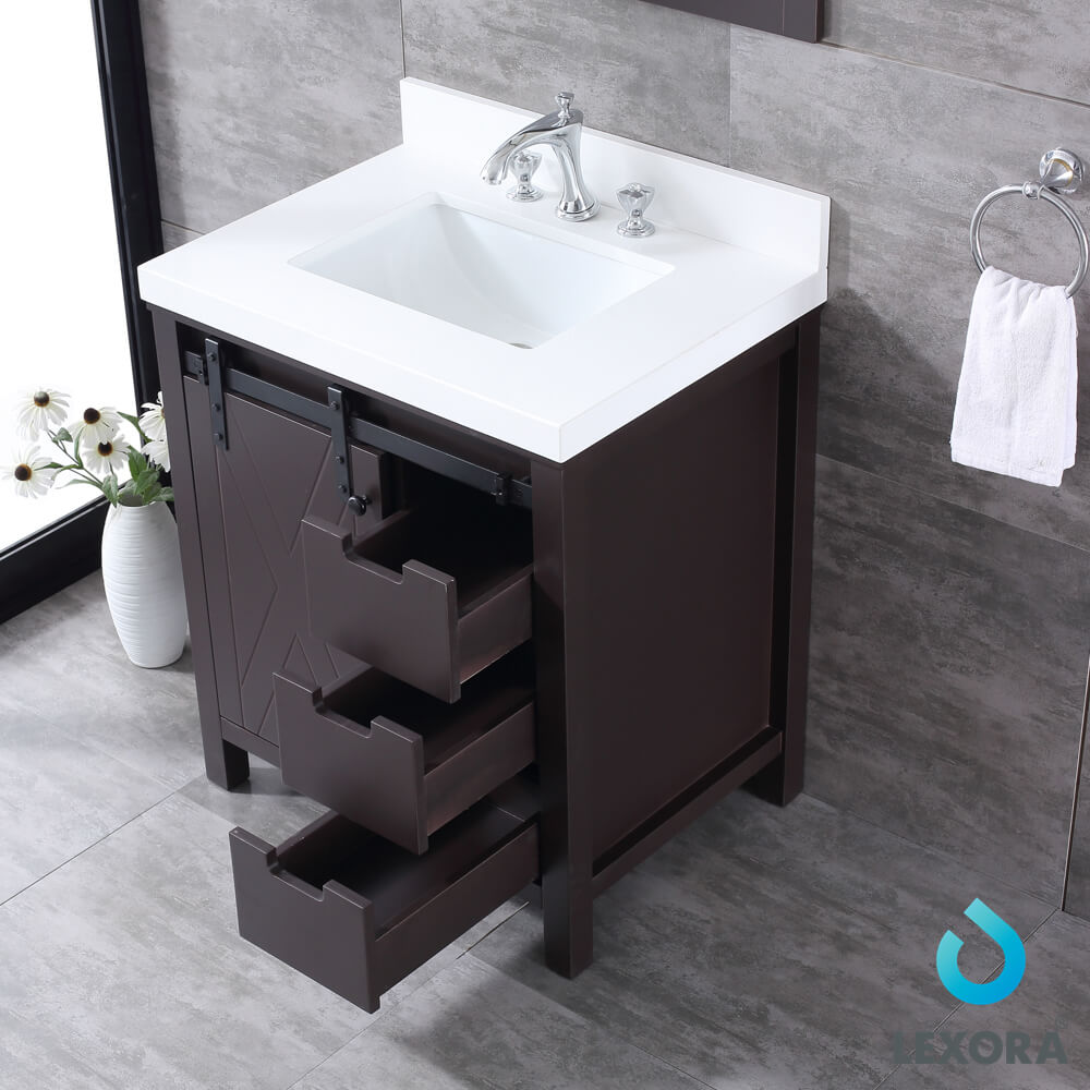 Marsyas 30" Brown Single Vanity, White Quartz Top, White Square Sink and 28" Mirror w/ Faucet