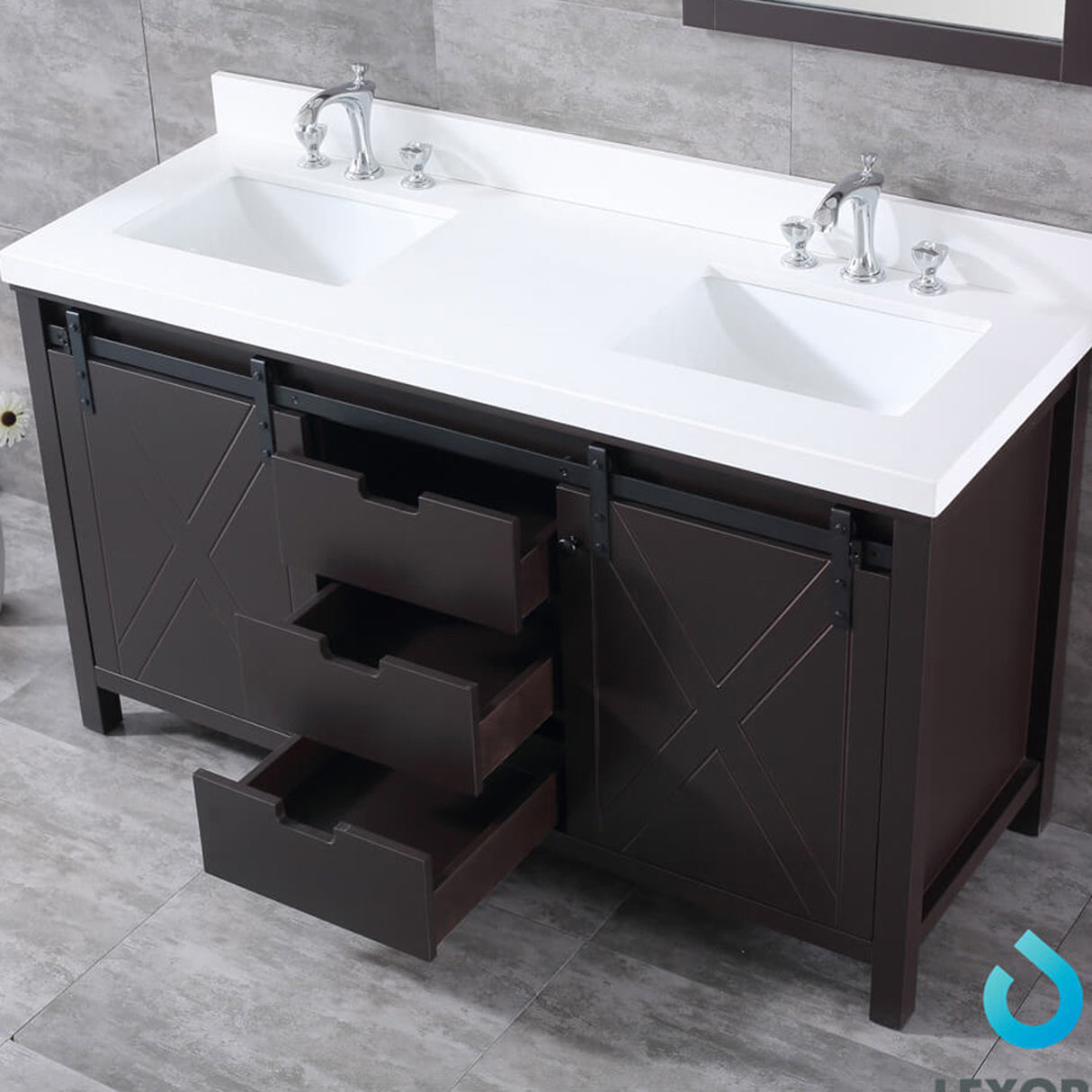 Marsyas 60" Brown Double Vanity, White Quartz Top, White Square Sinks and no Mirror