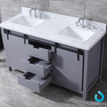 Marsyas 60 In. Freestanding Dark Grey Bathroom Vanity With Double Undermount Ceramic Sink, White Carrara Marble Top