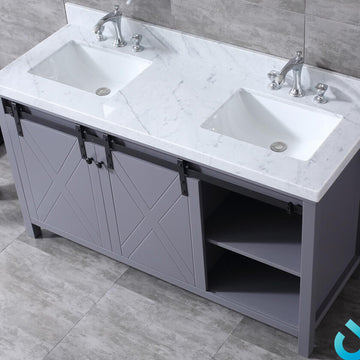 Marsyas 60 In. Freestanding Dark Grey Bathroom Vanity With Double Undermount Ceramic Sink, White Carrara Marble Top