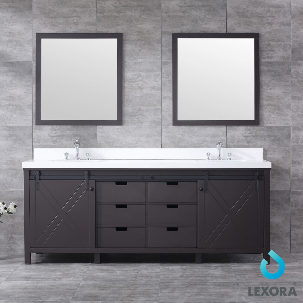 Marsyas 84" Brown Double Vanity, White Quartz Top, White Square Sinks and 34" Mirrors w/ Faucets