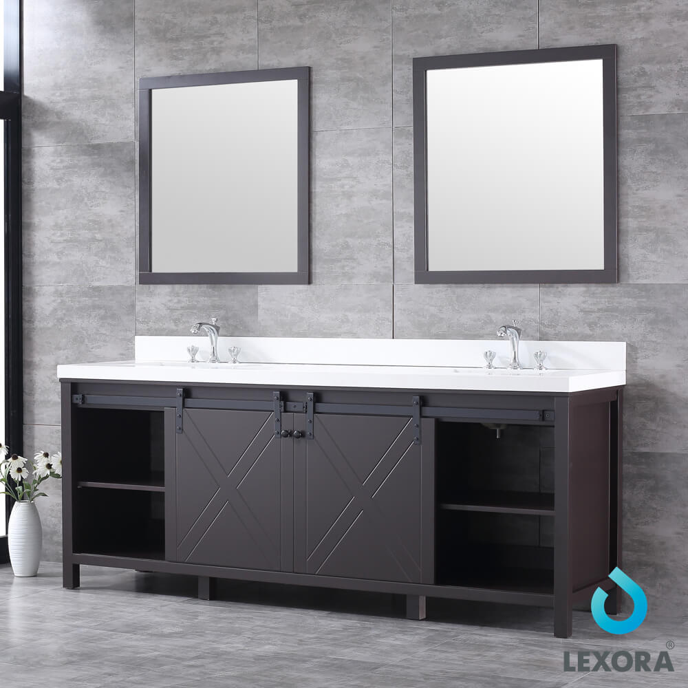 Marsyas 84" Brown Double Vanity, White Quartz Top, White Square Sinks and 34" Mirrors w/ Faucets