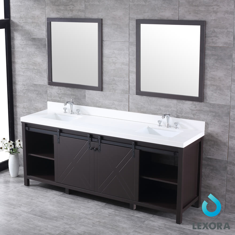 Marsyas 84" Brown Double Vanity, White Quartz Top, White Square Sinks and 34" Mirrors w/ Faucets