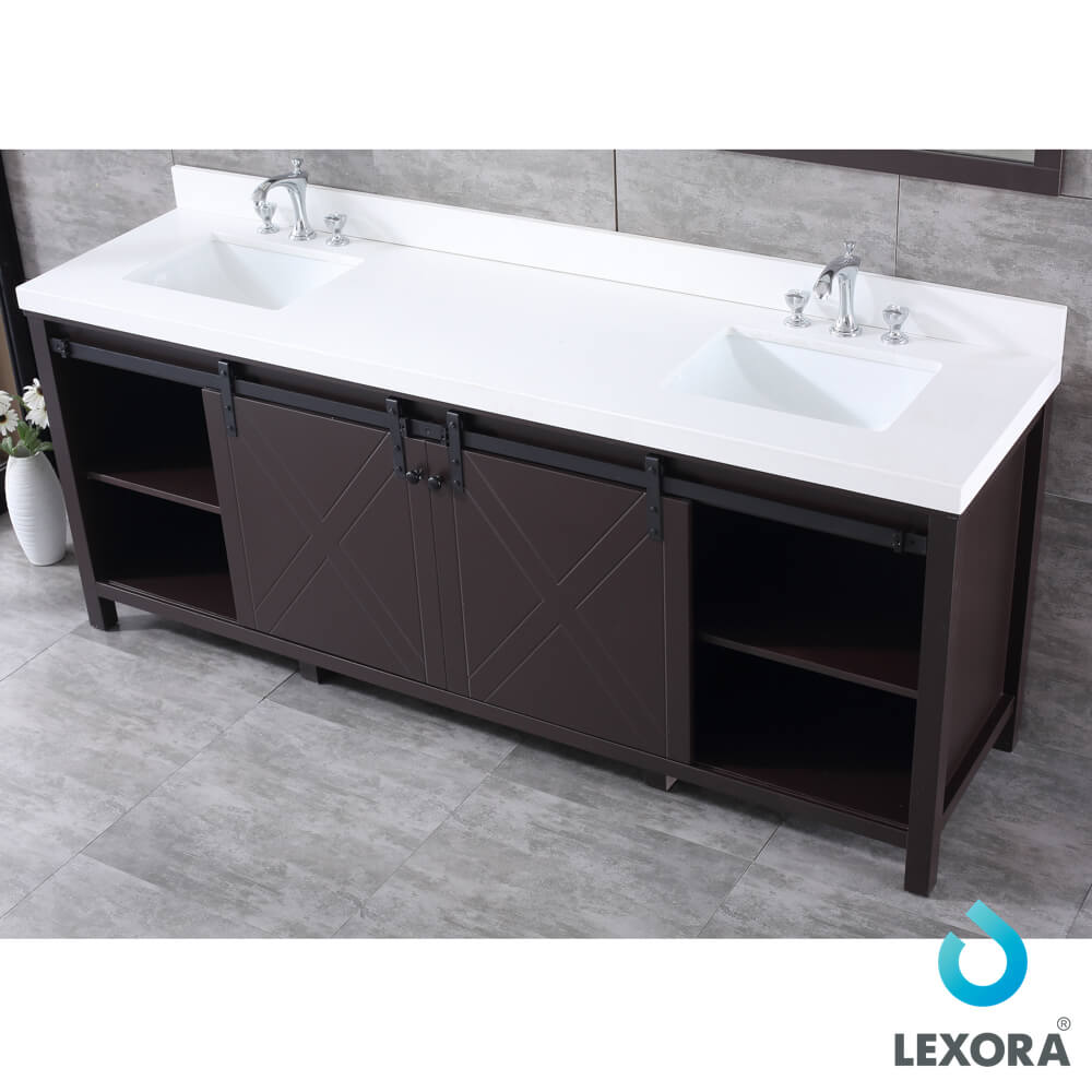Marsyas 84" Brown Double Vanity, White Quartz Top, White Square Sinks and 34" Mirrors w/ Faucets