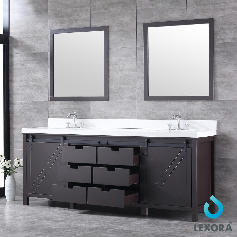 Marsyas 84" Brown Double Vanity, White Quartz Top, White Square Sinks and 34" Mirrors w/ Faucets