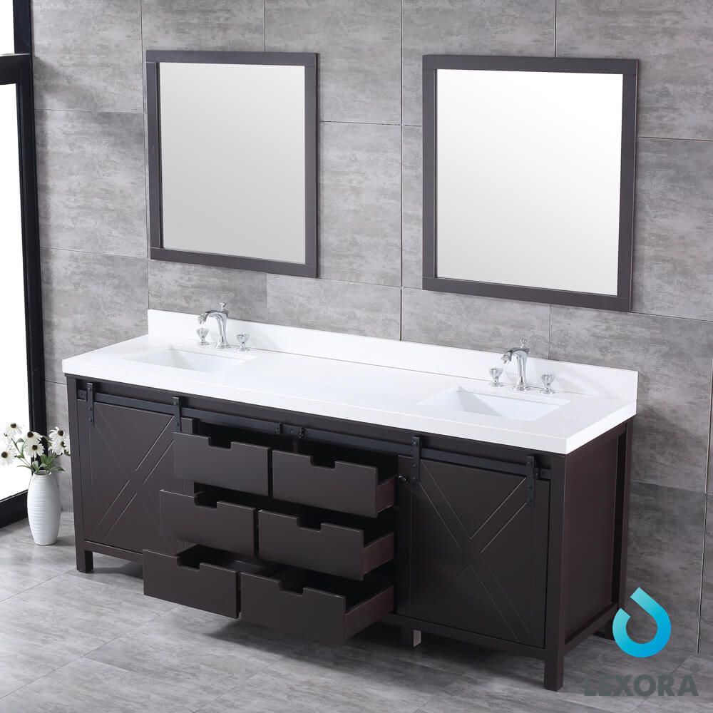 Marsyas 84" Brown Double Vanity, White Quartz Top, White Square Sinks and 34" Mirrors w/ Faucets