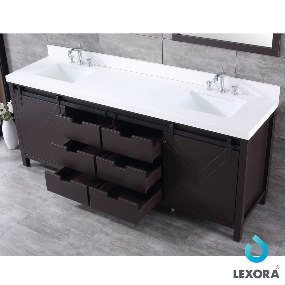 Marsyas 84" Brown Double Vanity, White Quartz Top, White Square Sinks and 34" Mirrors w/ Faucets