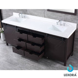 Marsyas 84" Brown Double Vanity, White Quartz Top, White Square Sinks and 34" Mirrors w/ Faucets