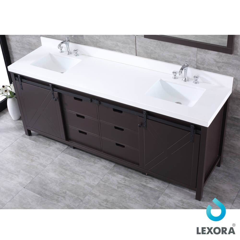 Marsyas 84" Brown Double Vanity, White Quartz Top, White Square Sinks and 34" Mirrors w/ Faucets