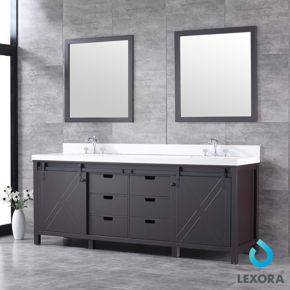 Marsyas 84" Brown Double Vanity, White Quartz Top, White Square Sinks and 34" Mirrors w/ Faucets