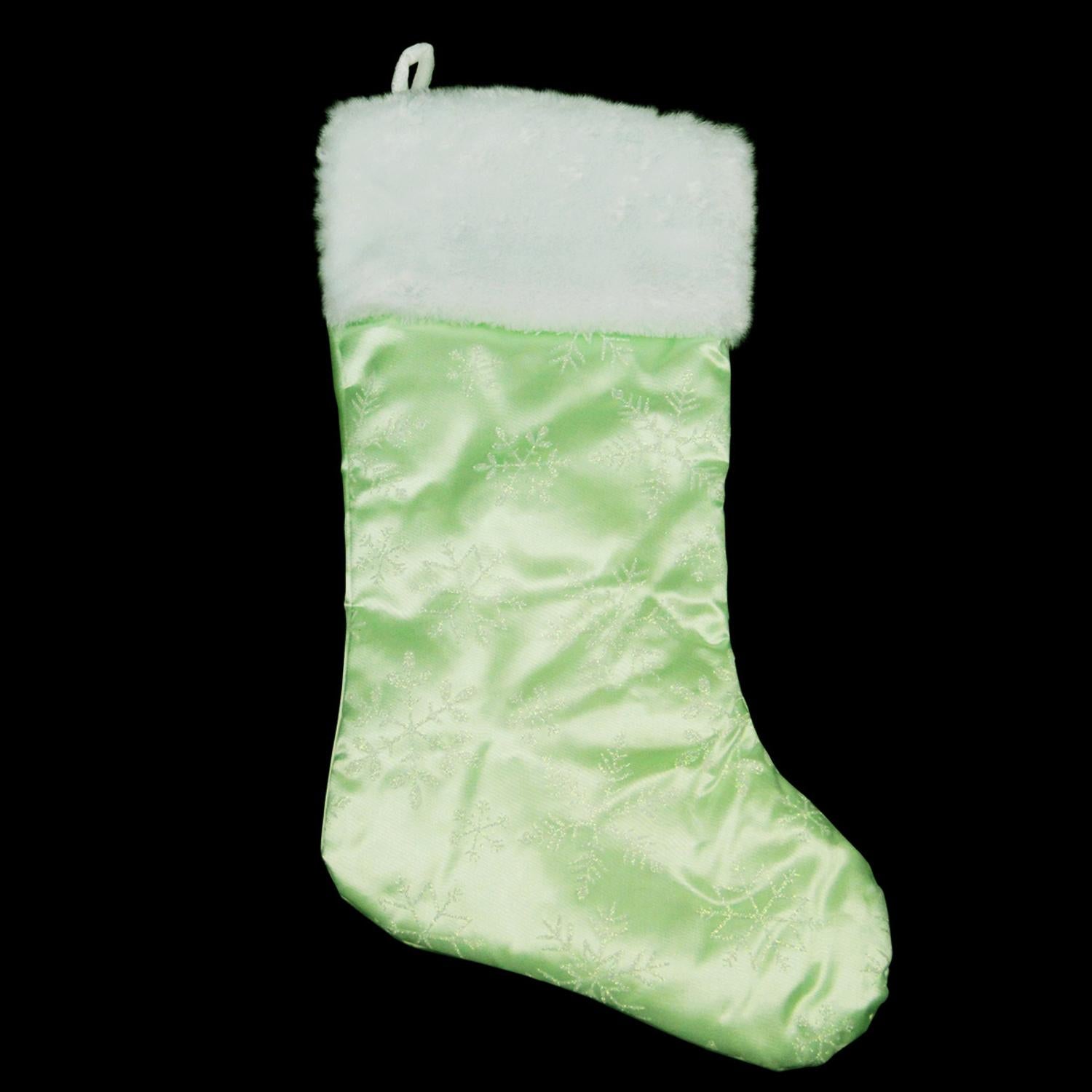 20" Mint Green Iridescent Glittered Snowflake Christmas Stocking with White Faux Fur Cuff