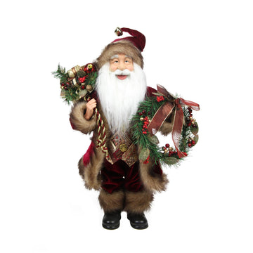 18" Country Cabin Santa Claus in Burgundy Holding a Wreath and Gift Bag Christmas Figure
