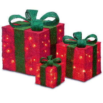 Set of 3 Sparkling Red Sisal Gift Boxes Lighted Christmas Outdoor Decorations
