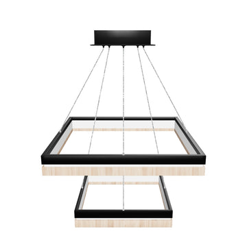 LED Pendant Light Fixture, Double Ring, Square, Dimmable, 3000K (Warm White), Wood and Matte Black