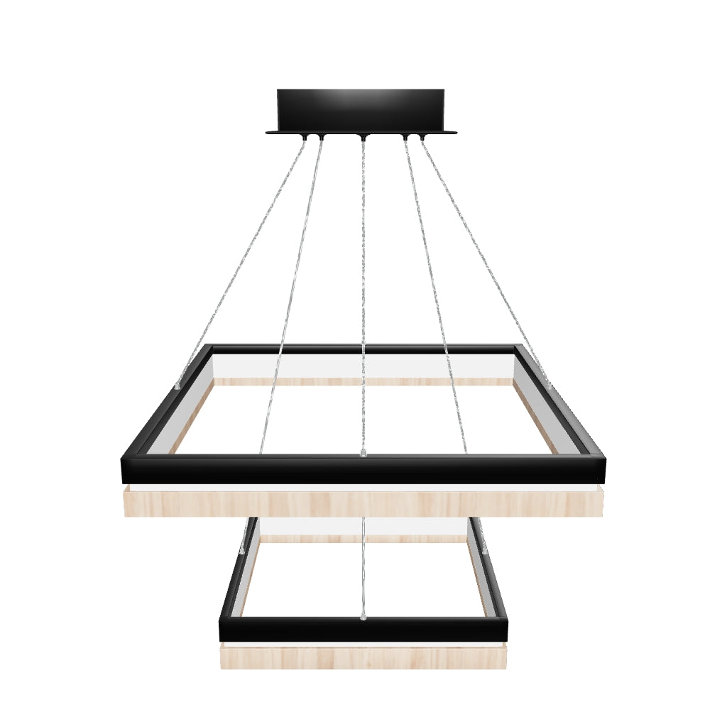 LED Pendant Light Fixture, Double Ring, Square, Dimmable, 3000K (Warm White), Wood and Matte Black