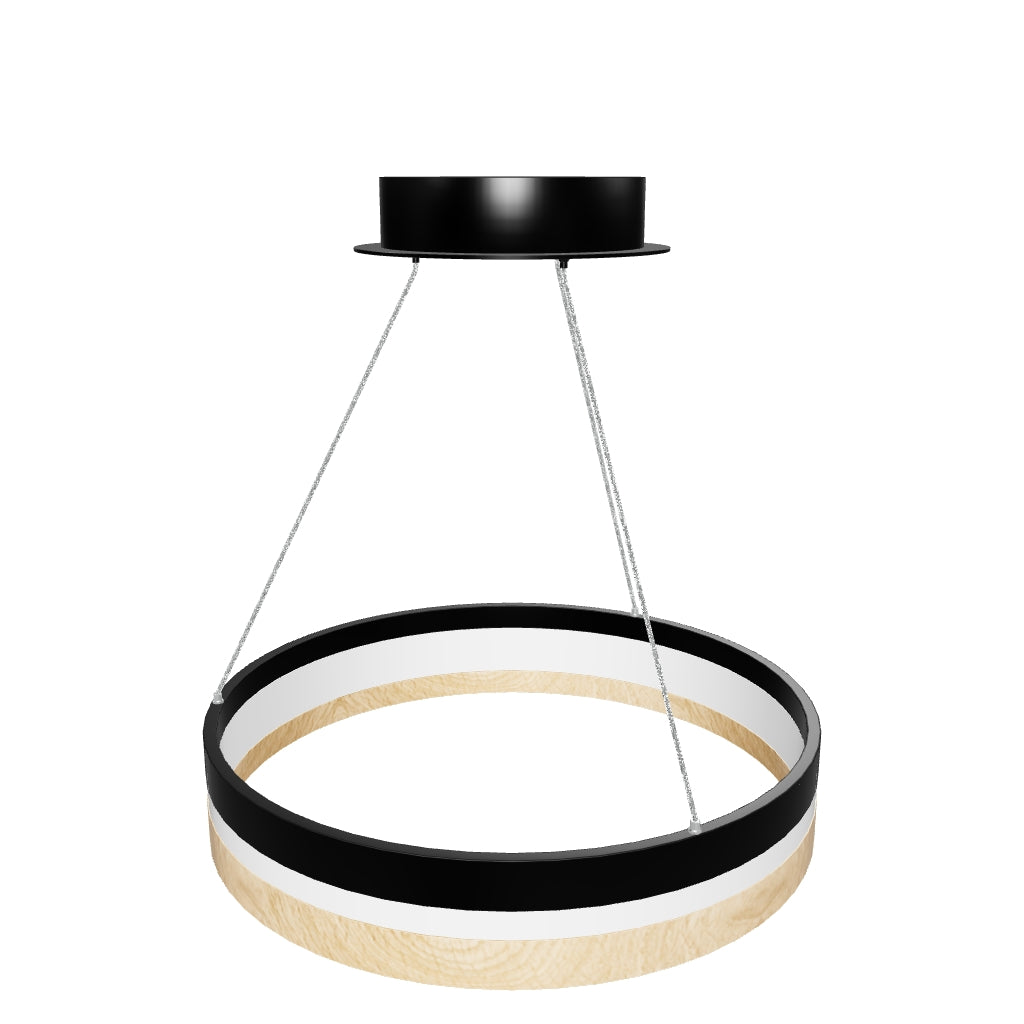 LED Pendant Light Fixture, Round, Dimmable, 3000K (Warm White), Wood and Matte Black