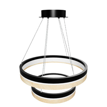 LED Pendant Light Fixture, Double Ring, Round, Dimmable, 3000K (Warm White), Wood and Matte Black (P1222-64)