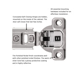 Hinge Concealed 1/4 Inch Overlay Face Frame Self-Close in Polished Nickel (2 Hinges/Per Pack) - Hickory Hardware